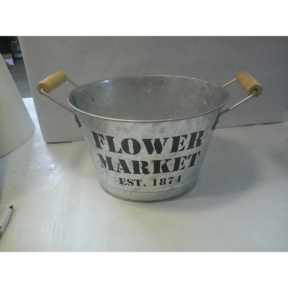 NEW Flower Market Est. 1874 metal and wood decorative bucket with wooden handles
